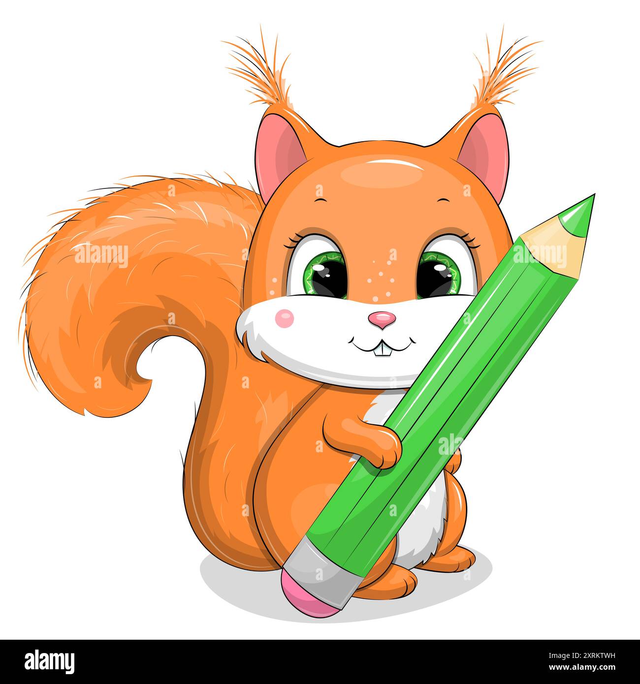 Niedliches Zeichentrickhörnchen mit einem großen grünen Bleistift. Schule Vektor Illustration mit einem Tier auf weißem Hintergrund. Stock Vektor