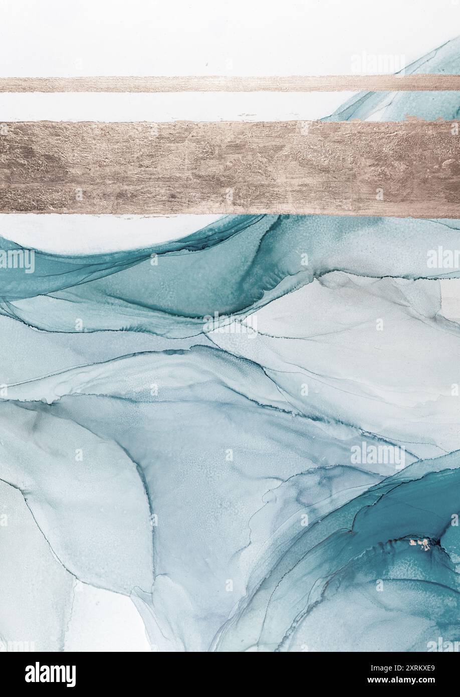 Abstrakte Aquarellmalerei mit Wellen in Blau- und Weißtönen mit Metallic-Akzenten Stockfoto