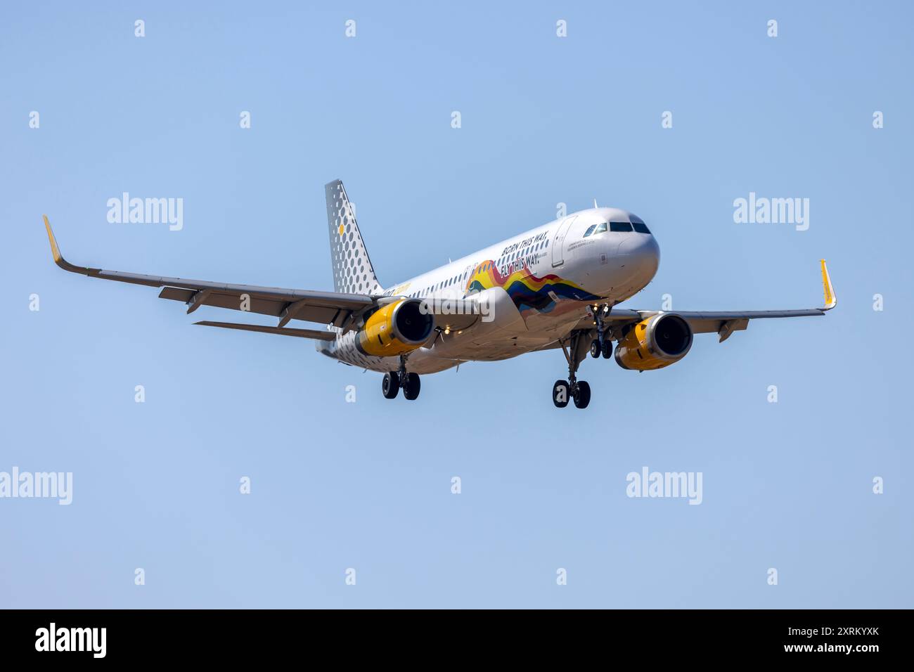 Vueling Airlines Airbus A320-232 (REG: EC-LVS) in BORN THIS WAY - FLIEGEN SIE AUF DIESEM WEG spezielle Lackierung von Bilbao nach Malta und landen als Flug VY3290. Stockfoto