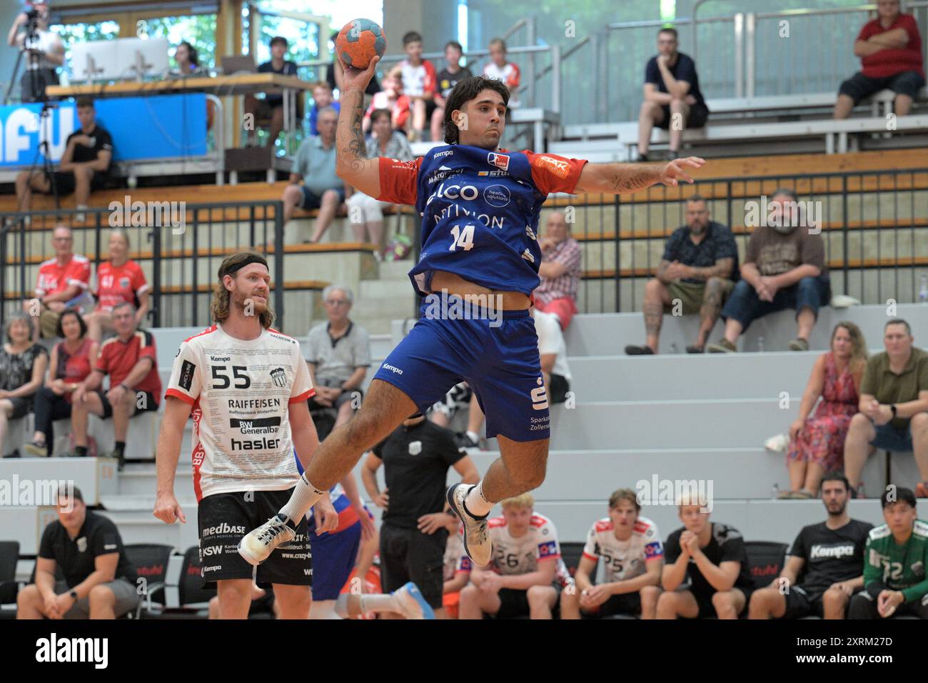 Max Santos (HBW Balingen-Weilstetten, #14) HBW Balingen-Weilstetten (DE) vs. Pfadi Winterthur (SUI) 2.HBL, QHL Handball, Maenner, Testspiel, 11.08.2024 Foto: Eibner-Pressefoto / Tobias Baur Stockfoto