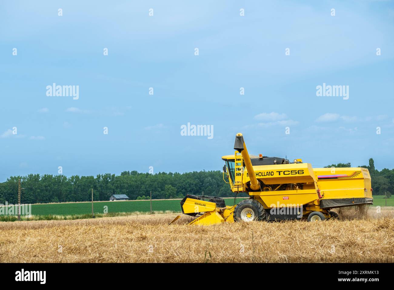 Blauer Himmel für die Ernte mit einem Mähdrescher | Ciel bleu et soleil pour moissonner avec une moissonneuse batteuse Stockfoto