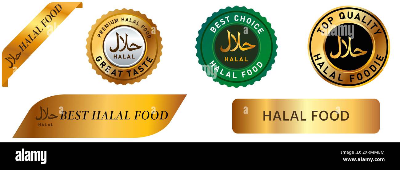 halal Food Schild Mahlzeit Getränk Restaurant Restaurant Restaurant Restaurant Label Stempel Aufkleber Markierung muslimisch genehmigt Produkt Stempel Band Sammlung Icon Design Illustration Stock Vektor