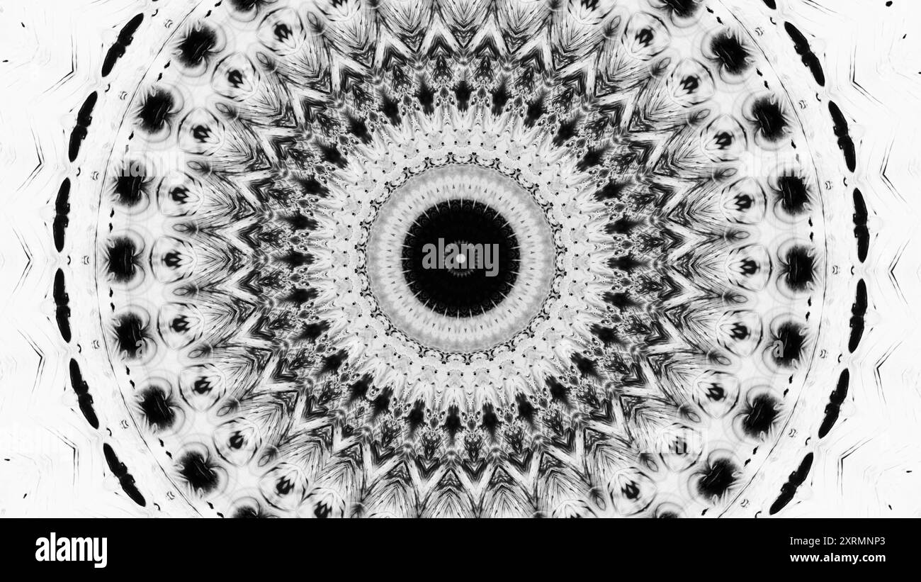 Symmetrische komplizierte schwarze weiße Mandala Kreis Design abstrakte radiale Muster Kunst Illustration Hintergrund. Stockfoto