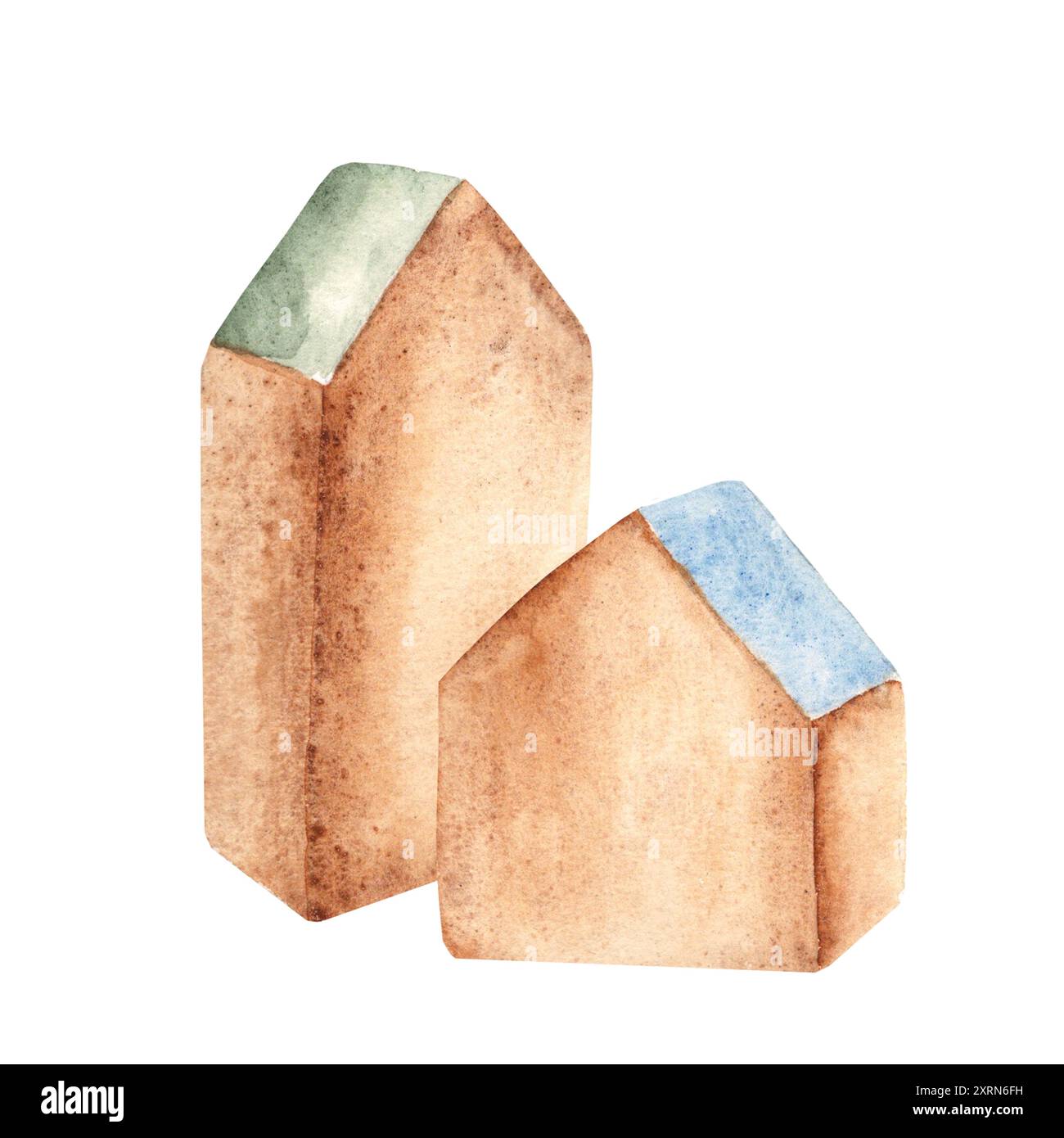 Umweltfreundliche Babyspielzeuge. Komposition aus Holzwürfeln, Häuser mit grünem und blauem Dach. Handgezeichnete Aquarellillustration isoliert auf weißem Hintergrund. Clip Stockfoto
