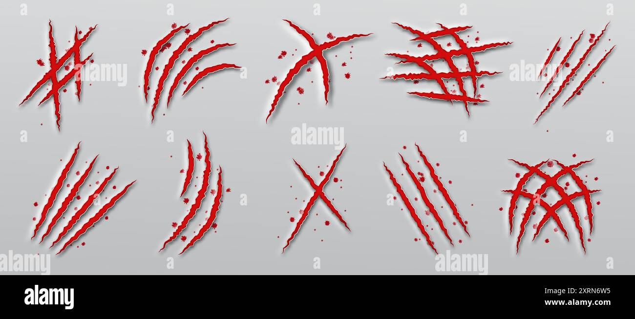 Kratzspuren in der Klaue. Dinosaurier-Nagelpfoten. Tierblutige Hautschäden. Fetzen von Katzen oder Tigern. Trägt grobe Furchen. Rote Halloween-Streifen. Löwe Stock Vektor