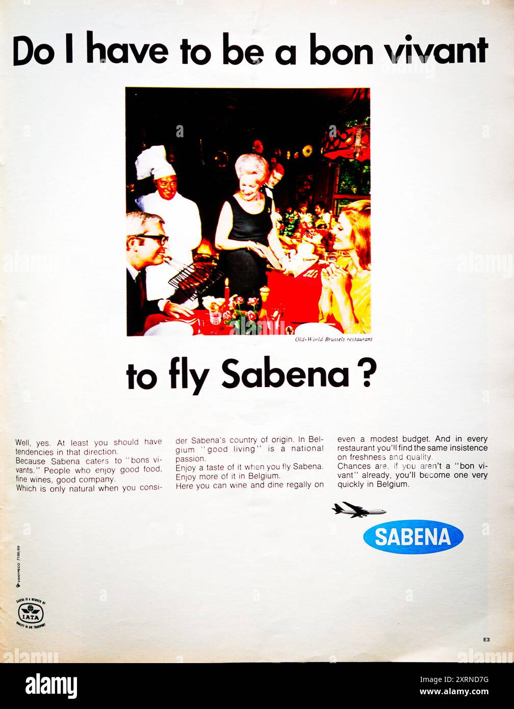 Eine Vintage-Werbung für Sabena Airlines aus dem Jahr 1969. Stockfoto