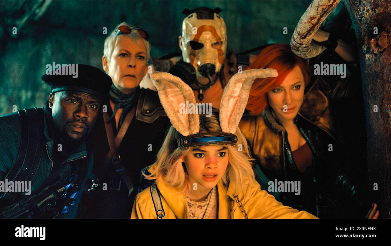 Borderlands (2024) von Eli Roth mit Kevin Hart als Roland, Jamie Lee Curtis als Tannis, Ariana Greenblatt als Tina, Florian Munteanu als Krieg und Cate Blanchett als Lilith. Ein Spielfilm auf der Grundlage des beliebten Videospiels auf dem verlassenen fiktiven Planeten Pandora, wo Menschen nach einem mysteriösen Relikt suchen. Werbung noch ***NUR REDAKTIONELLE VERWENDUNG***. Quelle: BFA/Lionsgate Stockfoto