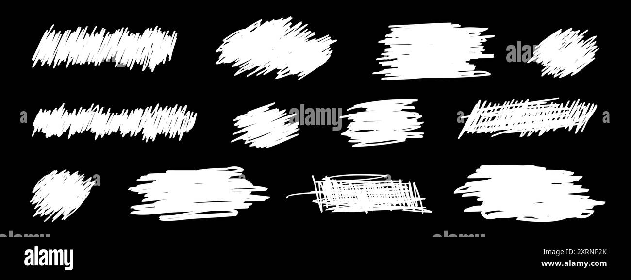 Weiße gerippte Grunge-Texturen auf schwarzem Hintergrund. Münze kratzt Texturen auf der Krater- oder Lottokarte. Handgezeichnete Abstriche. Marker, Bleistift, Stift oder Tinte Scribbles. Vektorgrafik. Stock Vektor