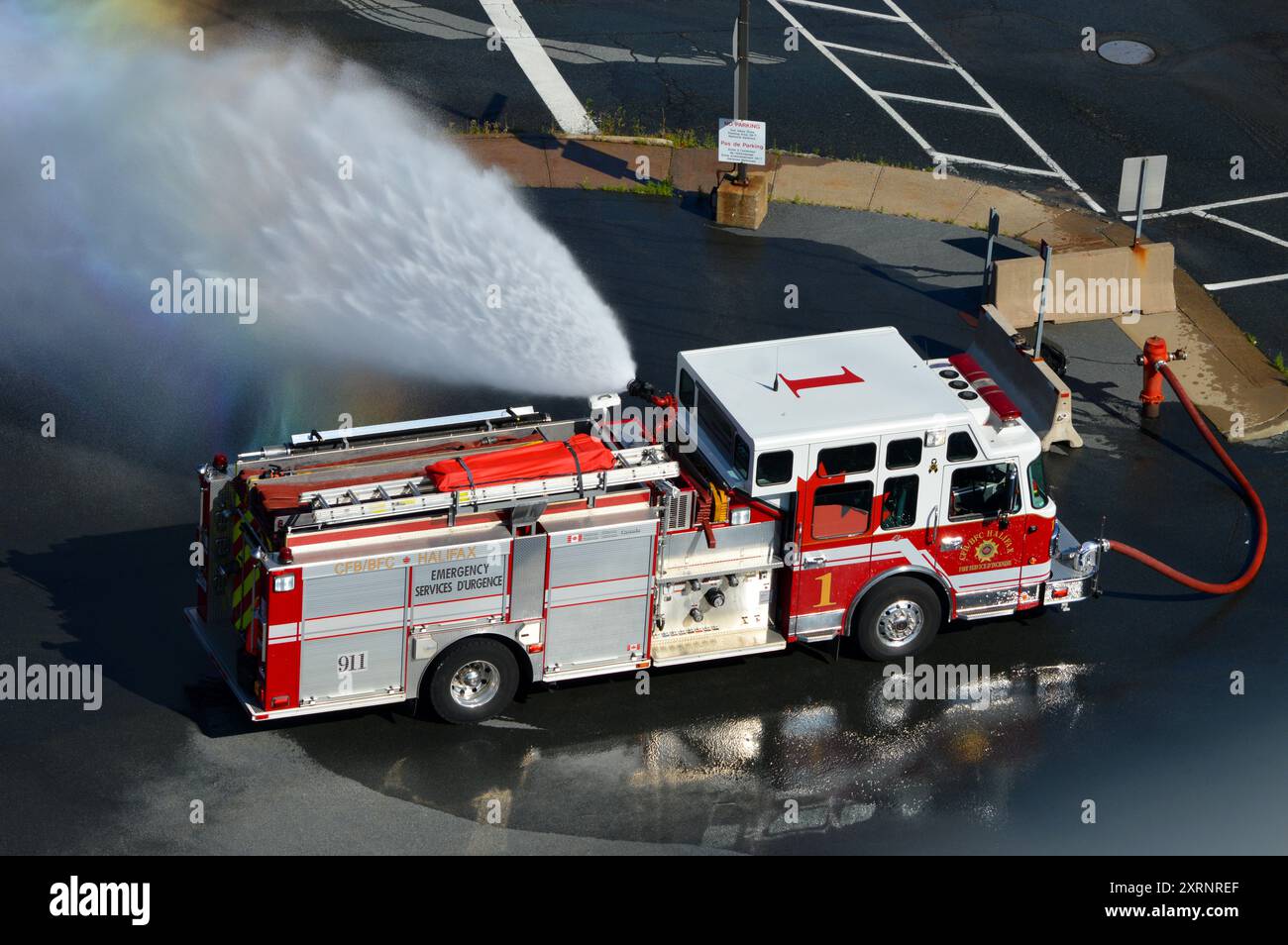 Triebwerk 1 der HMC Dockyard Fire Department bei CFB Halifax, einem Marinestützpunkt der kanadischen Streitkräfte in Halifax, Nova Scotia, Kanada Stockfoto