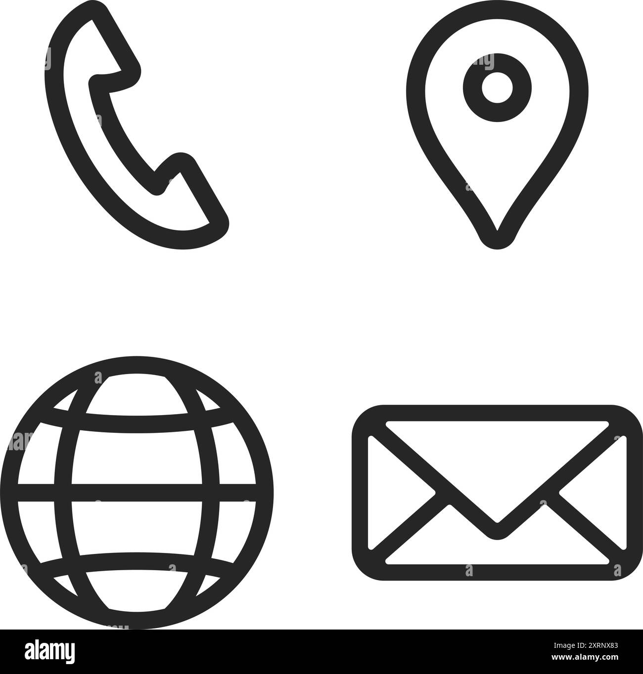 Geschäftssymbole, die für die Kontaktaufnahme mit einem Unternehmen festgelegt sind, einschließlich Telefon-, Standort-, Website- und E-Mail-Symbole in Zeilengrafik Stock Vektor