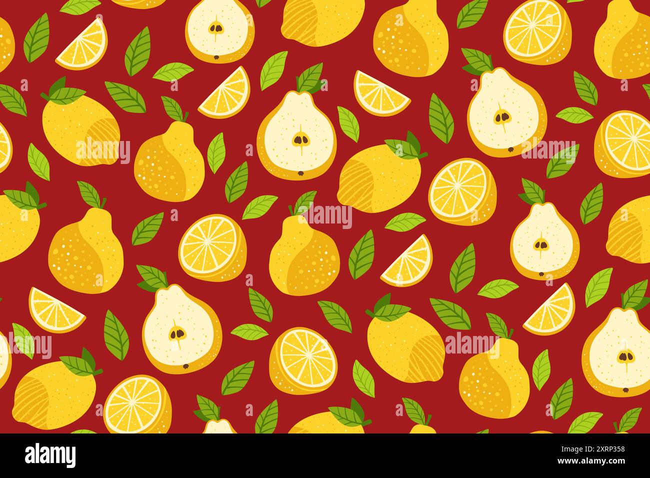 Birnen und geschnittene Zitronen nahtloses Muster. Hand gezeichnete Zitrusfrüchte, Birnen und die Hälfte der Birnen Frucht grenzenloser Hintergrund. Früchte endloses Design für Papierdruck Stoff Textil, Verpackung, Hintergrund Vektor Vorlage Stock Vektor