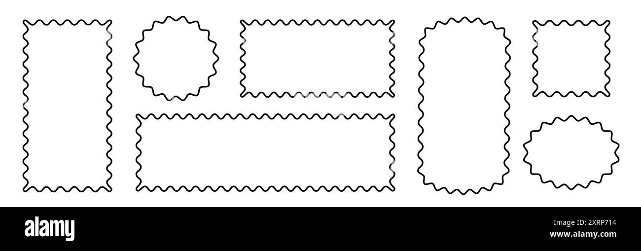 Rahmenrahmen mit Muschelrand rechteckig, oval, runde Vektorform. Set mit Wellenmuscheln und schnörkellosem, einfaches rechteckigem Rahmen. Einfacher, wellenförmiger Retro-Bilderrahmen. Vektorabbildung Stock Vektor