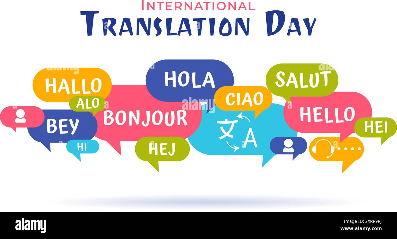 Illustration zum Weltübersetzer- oder Übersetzungstag mit Hallo-Grüßen in verschiedenen Ländern und mehrsprachiger internationaler Kommunikation Stock Vektor