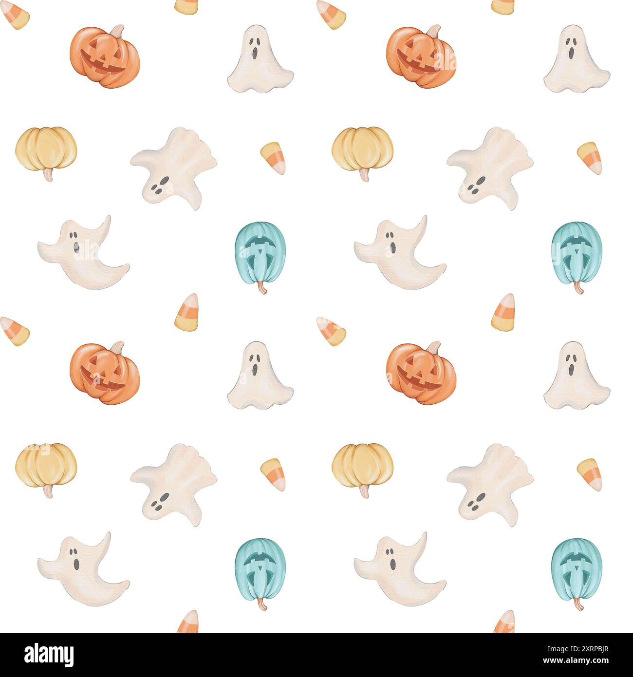 Nahtloses Muster mit Halloween-Kürbissen, Süßigkeiten und Geist Stockfoto