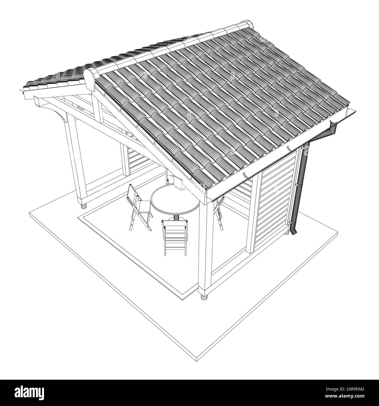 Umriss des Pavillons. Lineare Silhouette mit schwarzer Kontur. Kontur eines Sommerhauses mit Bänken, Tisch und Dach. Vektorabbildung. 3D. Stock Vektor