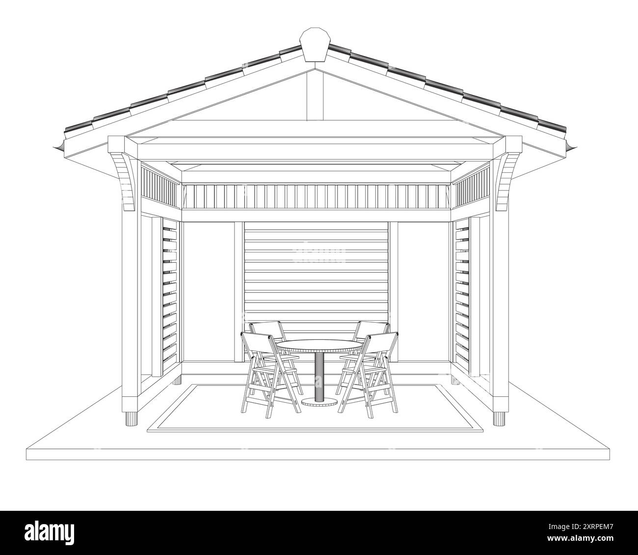Umriss des Pavillons. Lineare Silhouette mit schwarzer Kontur. Kontur eines Sommerhauses mit Bänken, Tisch und Dach. Vektorabbildung. 3D. Stock Vektor