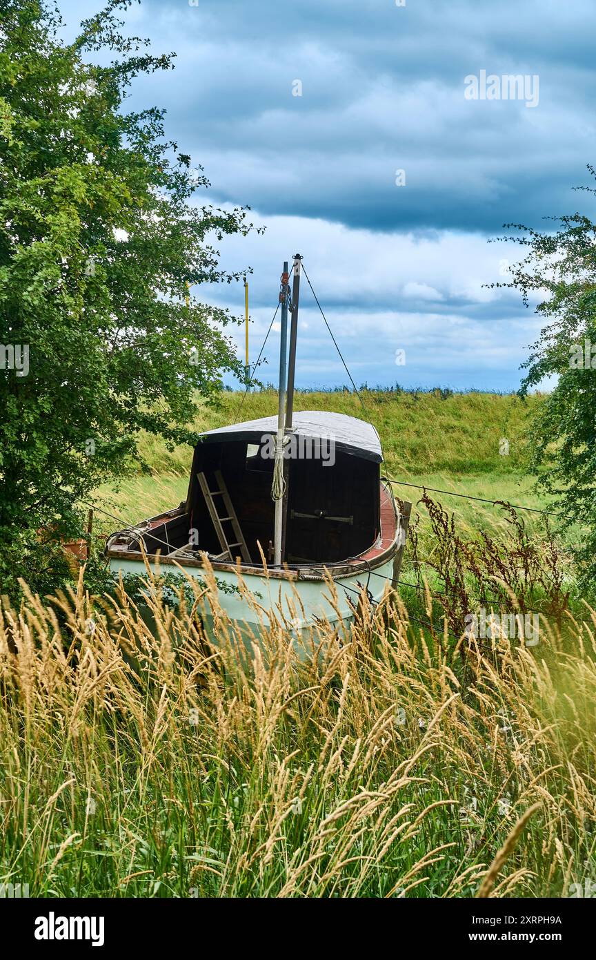 Ein kleines Boot saß auf dem Feld, umgeben von Bäumen und Gras, das im Wind wehte Stockfoto