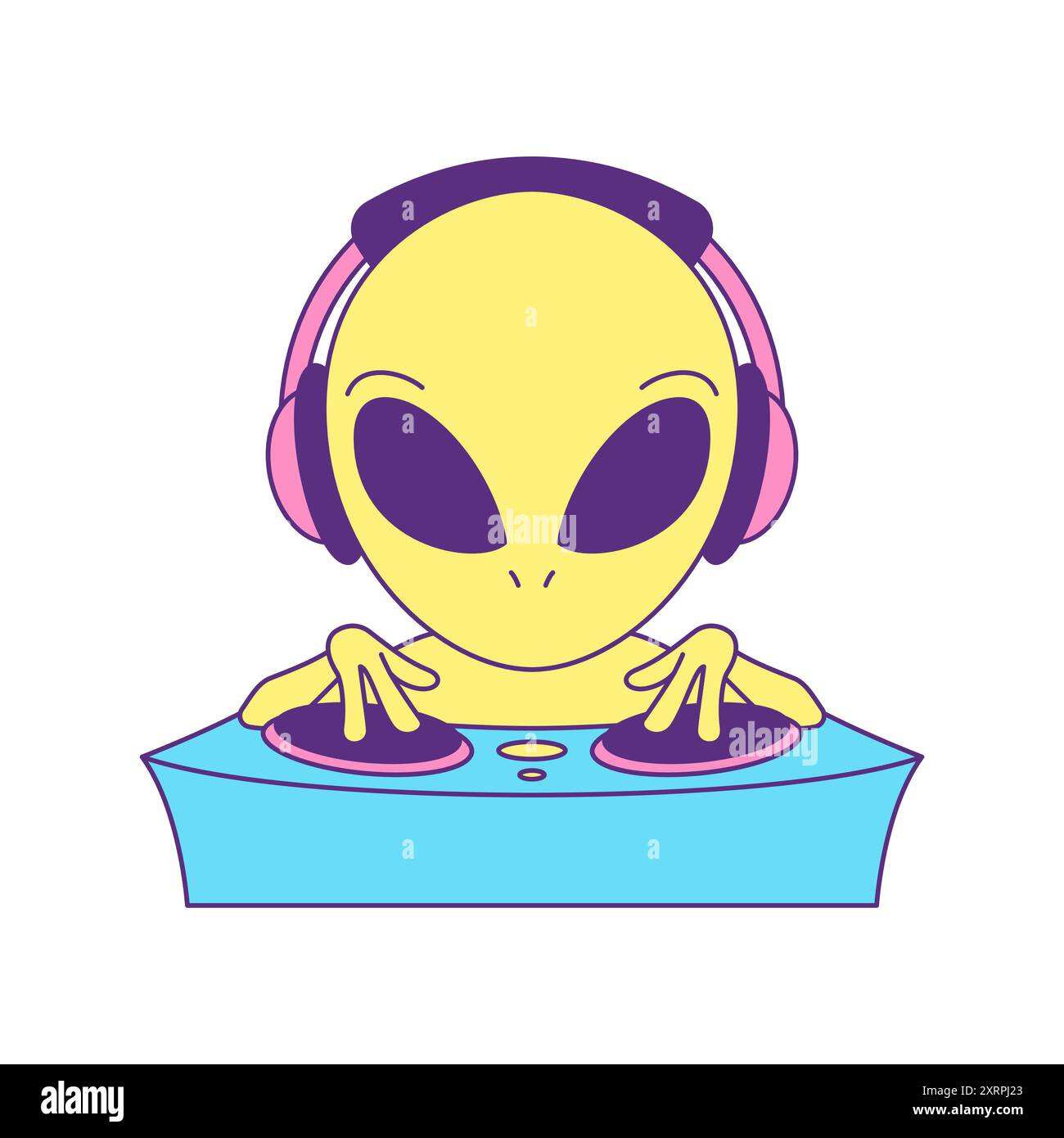 Y2K futuristischer Alien DJ spielt Vinyl Musik auf Party zeitgenössische Pop Art Icon Vektor flache Illustration. Science-Fiction-UFO-humanoider Diskjockey deej Stock Vektor