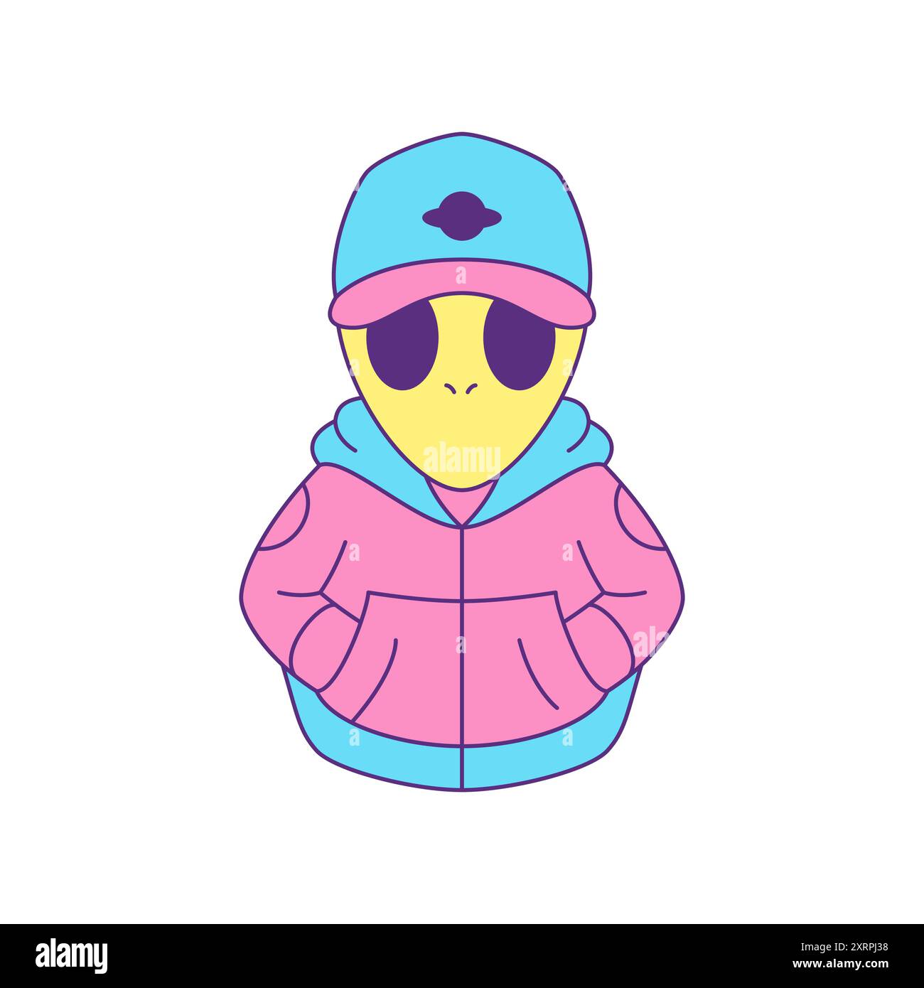 Y2K psychedelische Alien UFO Street Style Outfit zeitgenössische Pop Art Icon Vektor flache Illustration. Surreale Mode männlicher Humanoid in Cap und Hoodie Port Stock Vektor