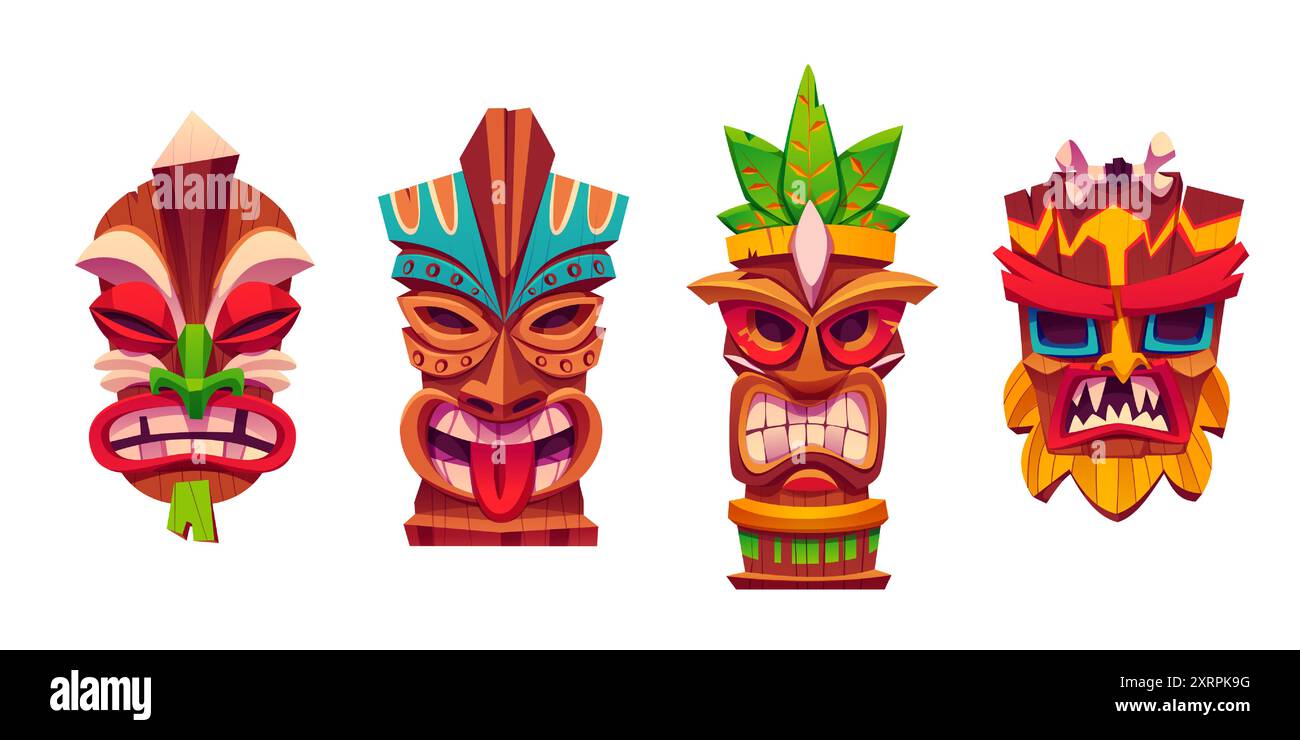 Traditionelle hawaiianische Totem-Tiki-Maskenkollektion. Zeichentrickvektor-Illustration Set des hölzernen Stammes Kultur Statue Kopf mit tropischen Blättern Dekorationen. Gesichts-Emotionen mit Augen, Zähnen und Zunge. Stock Vektor