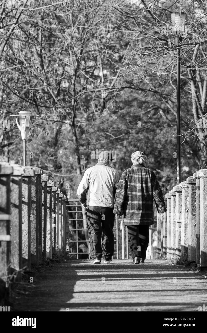 Menschen, die eine Brücke überqueren. Straßenszene. Echte Menschen. Schwarz-weiß. Stockfoto