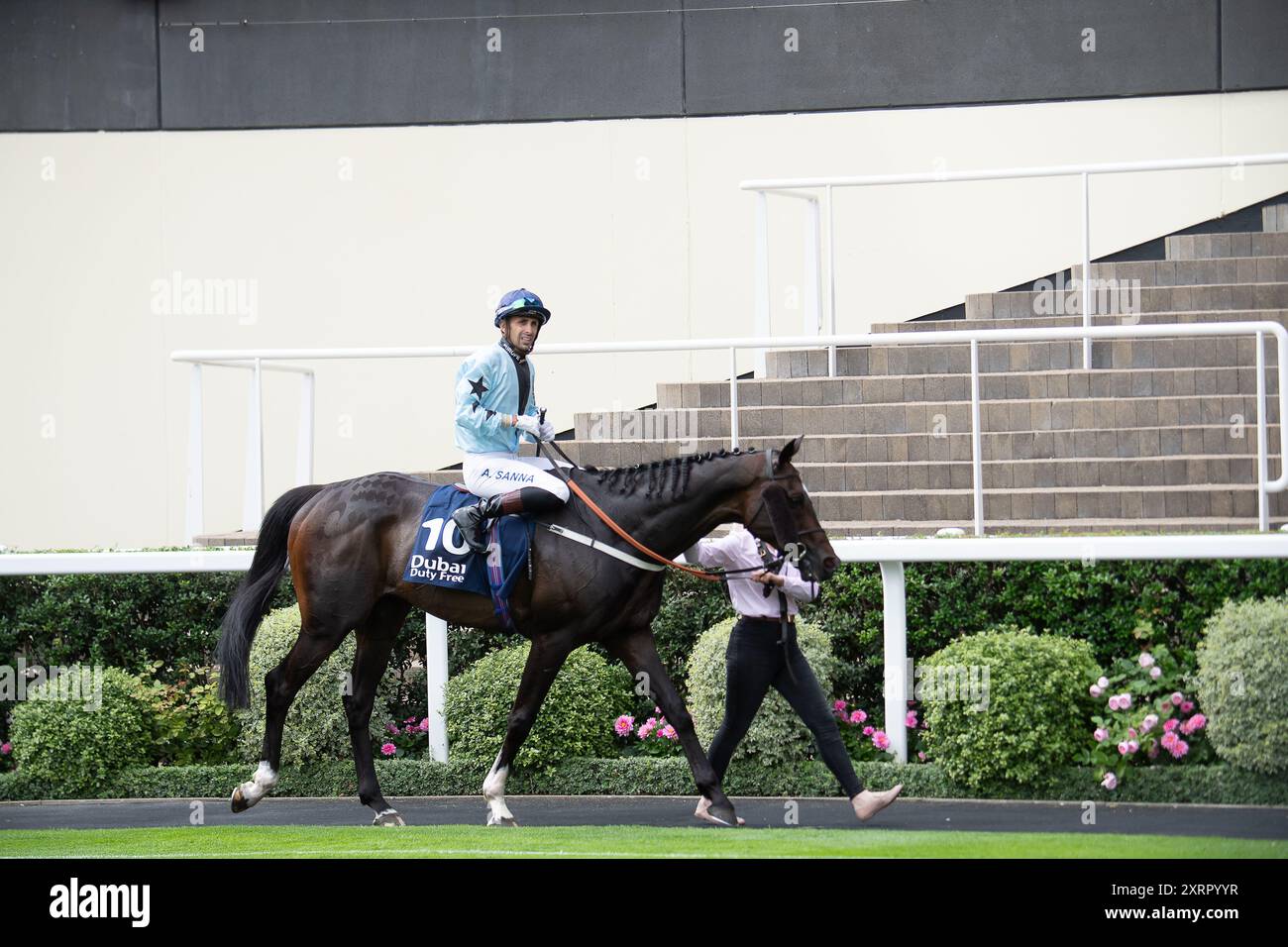 Ascot, Berkshire, Großbritannien. August 2024. DER GRAND VISIR mit Jockey Alberto Sanna gewinnt einen Platz in den Dubai Duty Free Shergar Cup Stayers (Klasse 2 Handicap) beim Dubai Duty Free Shergar Cup auf der Ascot Racecourse in Berkshire. Besitzer Andy Bell & Fergus Lyons, Trainer Ian Williams, Alvechurch, Züchter Qatar Bloodstock, Ecurie Monceaux & Skymarc, Sponsor Helicentreuk. Kredit: Maureen McLean/Alamy Stockfoto