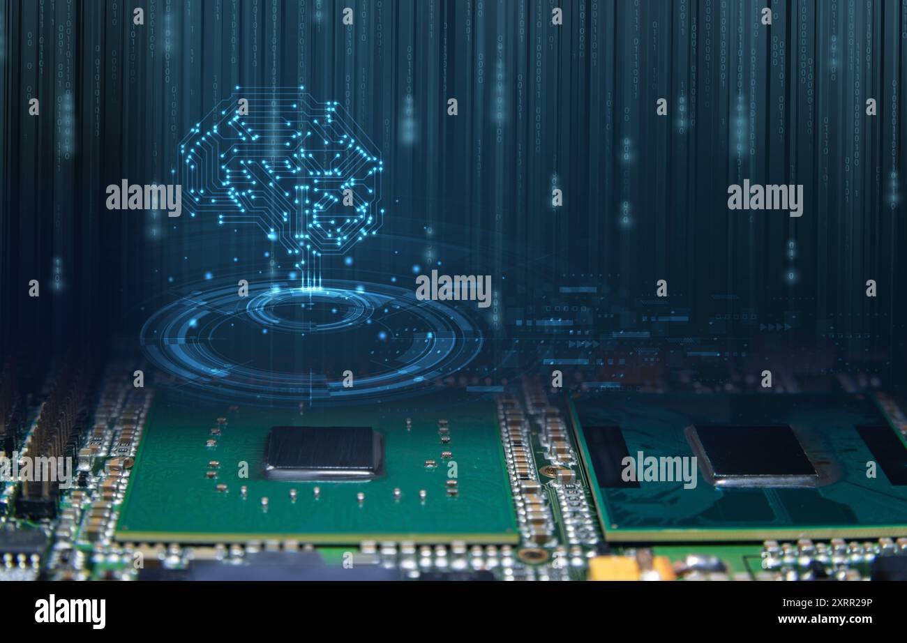 Künstliches Intelligenzkonzept mit Mikrochip und digitalem Hirn-Overlay. Steht für KI, Technologie, Innovation und maschinelles Lernen. Stockfoto