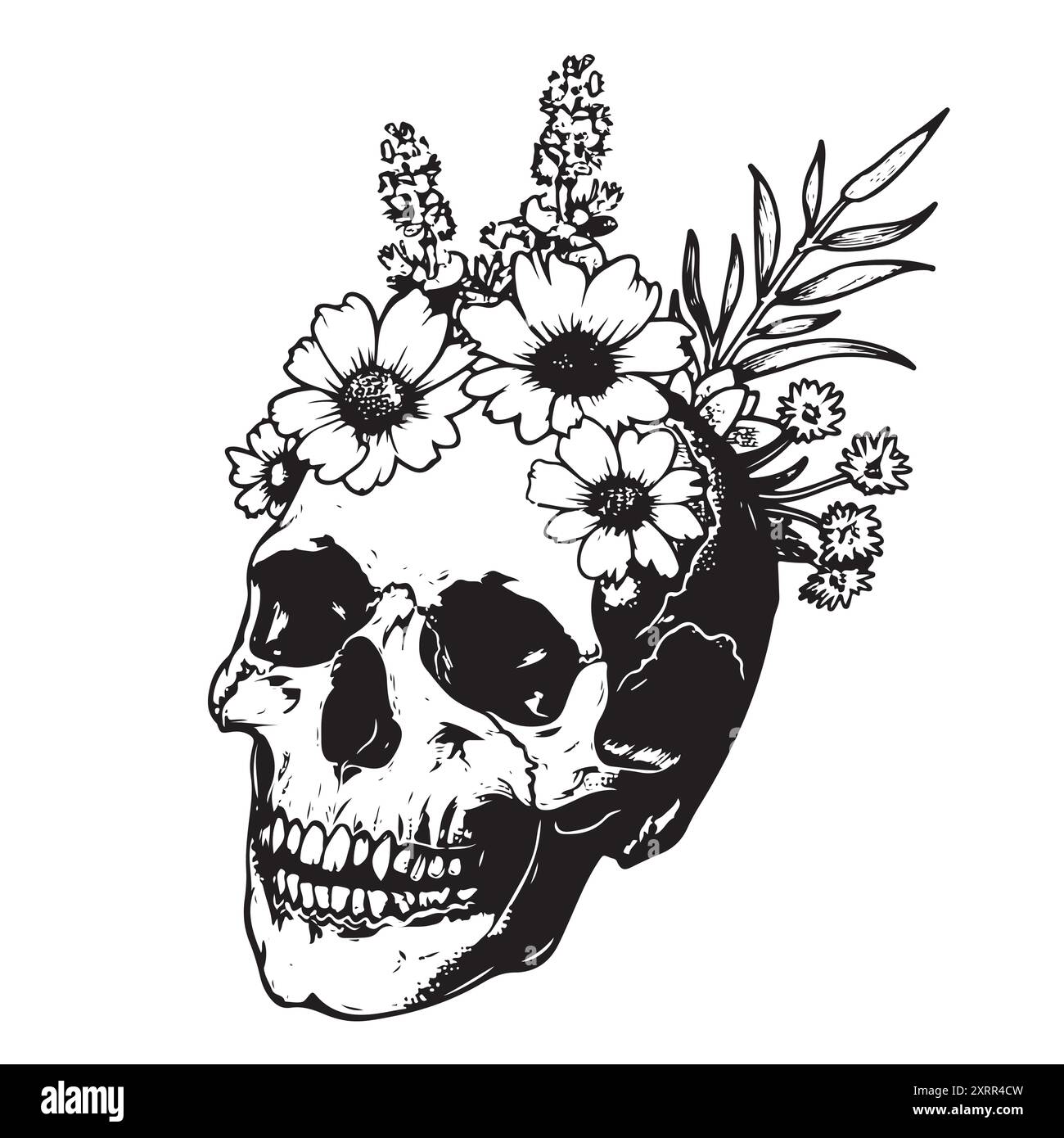 Schädel mit Blumen. Typografischer Druck, trendiges Muster für T-Shirts. Stock Vektor