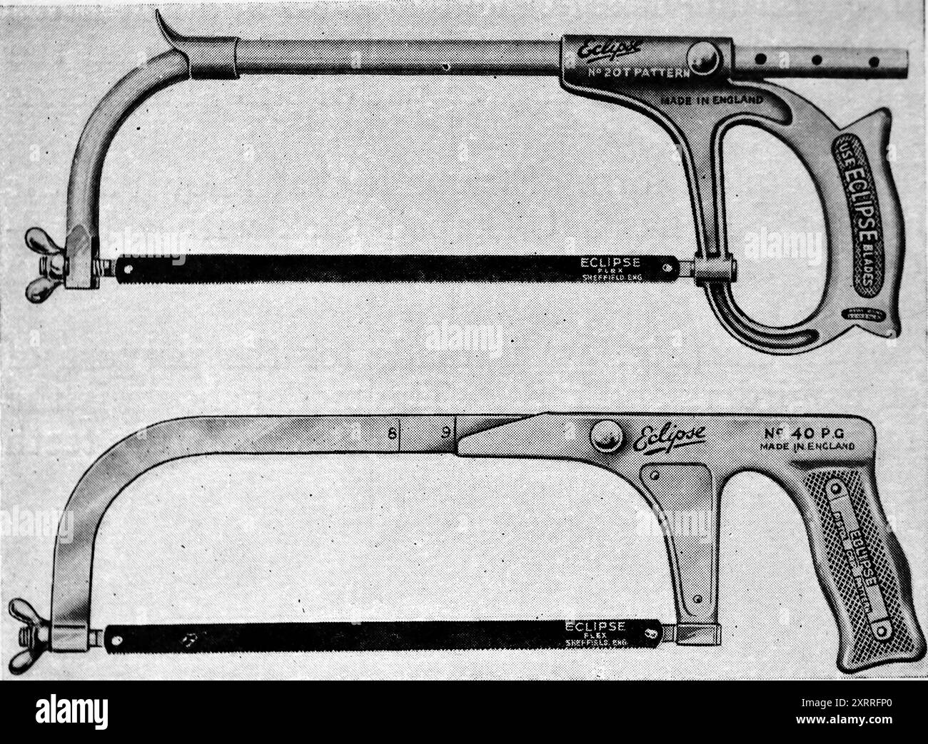 Zwei Bügelsägen mit Pistolengriff Eclipse (Sheffield, England). Diese Fotografie stammt von einer großen Auswahl von größtenteils nicht zugeschriebenen technischen Illustrationen und Fotos, die ursprünglich 1936 veröffentlicht wurden. Größe und Qualität der Originale sind sehr unterschiedlich. Stockfoto