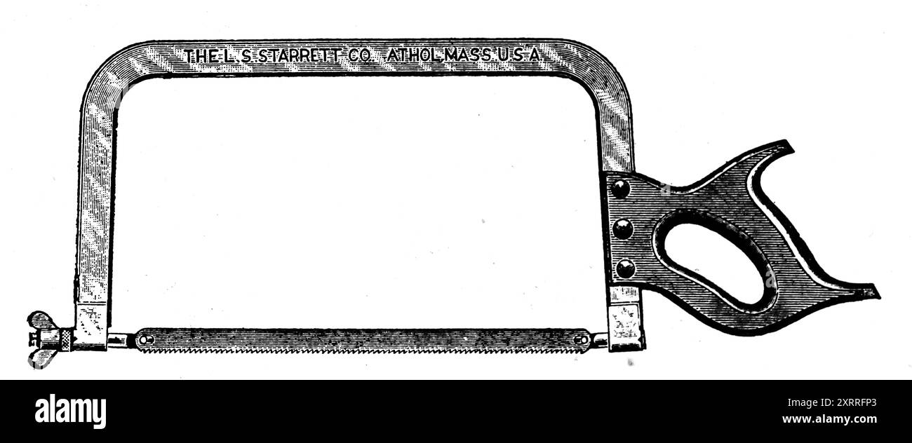 Eine Bügelsäge von Starrett (Massachusetts, USA) zum Schneiden tiefer Gegenstände. Diese Fotografie stammt von einer großen Auswahl von größtenteils nicht zugeschriebenen technischen Illustrationen und Fotos, die ursprünglich 1936 veröffentlicht wurden. Größe und Qualität der Originale sind sehr unterschiedlich. Stockfoto