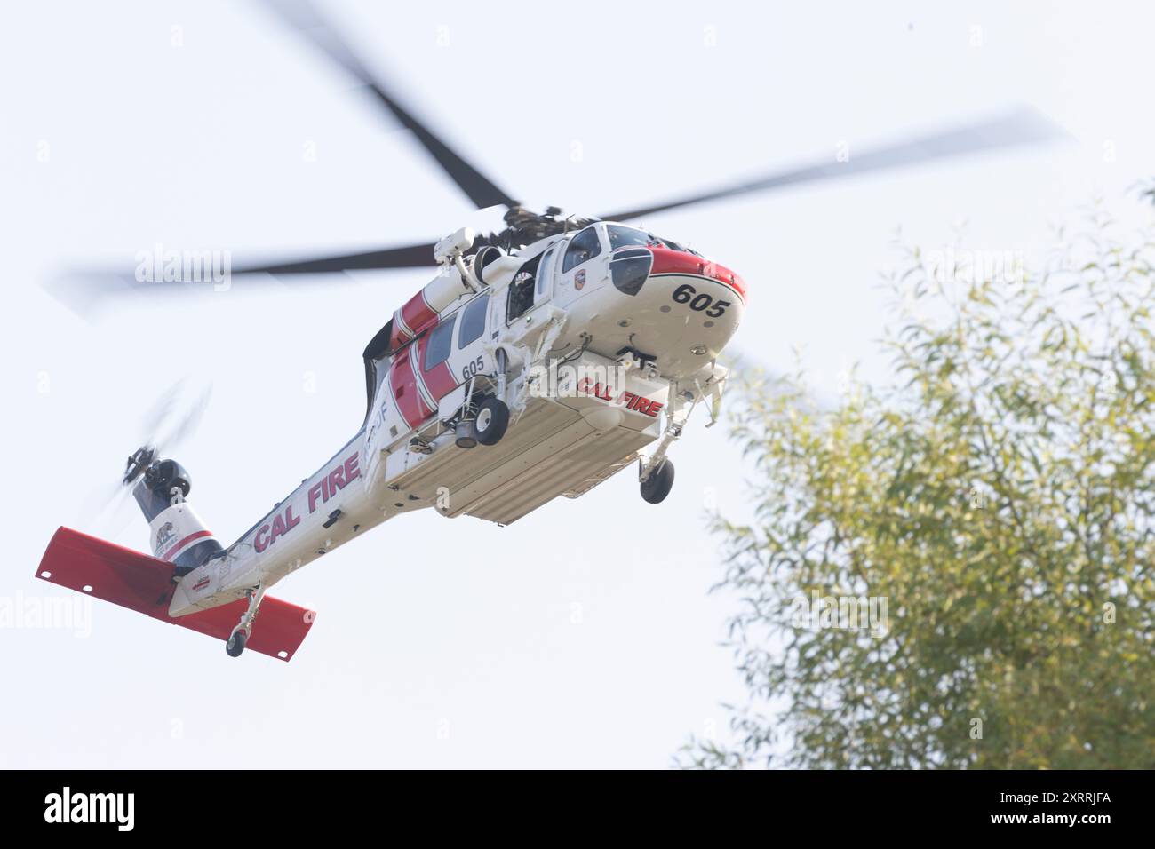 REDDING CALIFORNIA – 10. AUGUST 2024 – Ein CALFIRE Sikorsky S-70 „Firehawk“ auf dem Weg zum Mary Lake, um das Wasser zu nehmen. Stockfoto