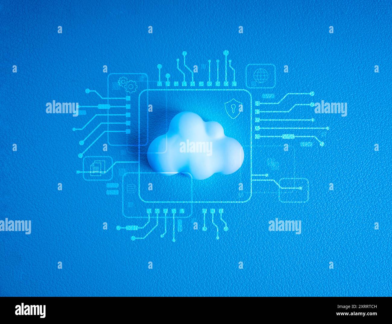 Cloud-Computing-Infrastrukturtechnologie, Konzept für Speicherdienste für Datensysteme. Moderne weiße, kleine Cloud mit digitalen Tools, Management-Symbolen und Zirkus Stockfoto