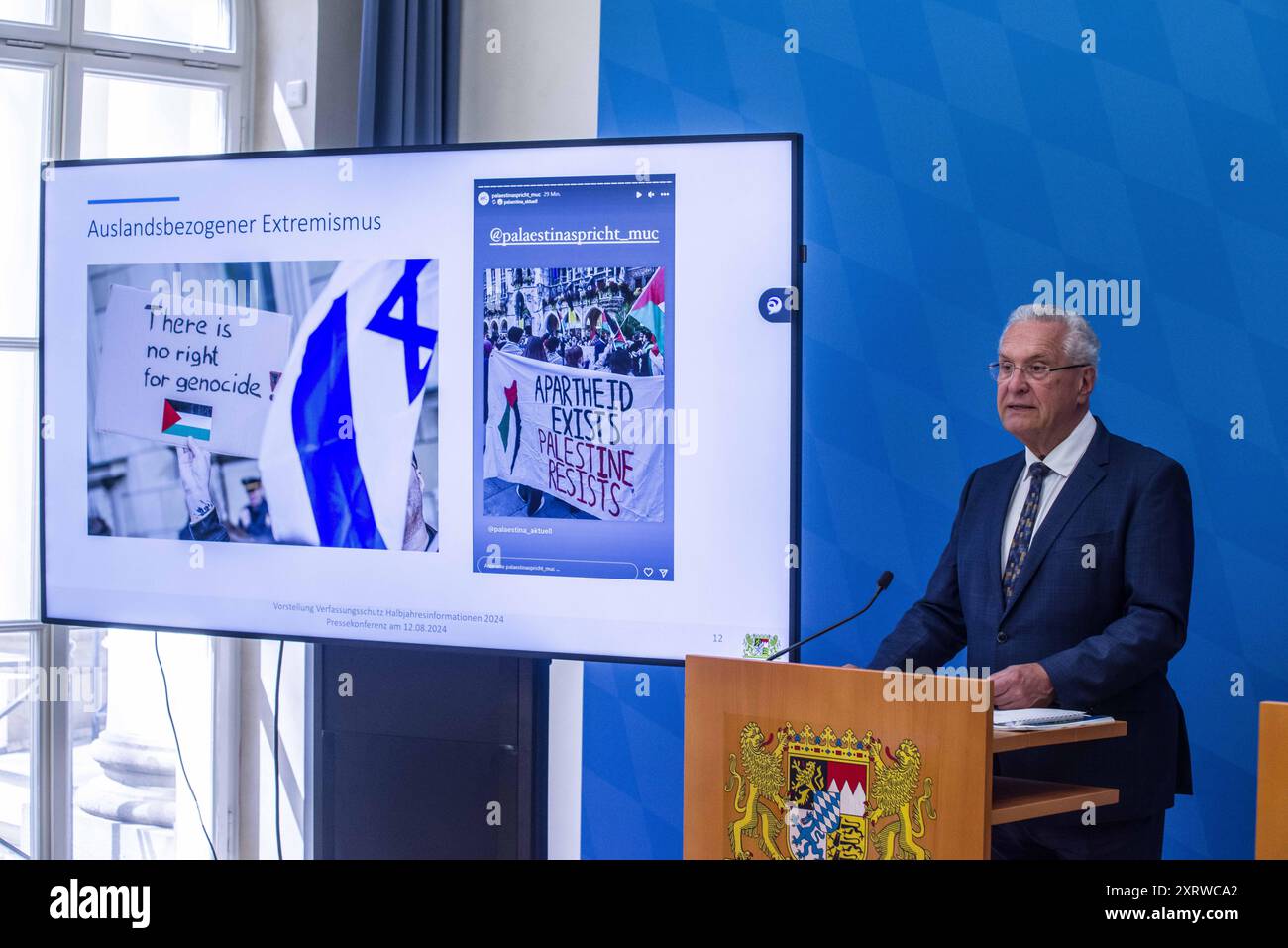 12. August 2024: Der Bayerische Verfassungsschutz veröffentlichte den Halbjahresbericht 2024, in dem die Bedrohung des Landes Bayern und des Landes beschrieben wird. Im Fokus steht die sogenannte Doppelgaenger-Kampagne von Beginn an der russischen Invasion in die Ukraine über die Verwendung realistisch erscheinender gefälschter Nachrichtenportale, die RussiaÂ Erzählung verbreiten und Demokratien in Frage stellen. Die EU hat mehrere derartige Portale sanktioniert. Quelle: ZUMA Press, Inc./Alamy Live News Stockfoto