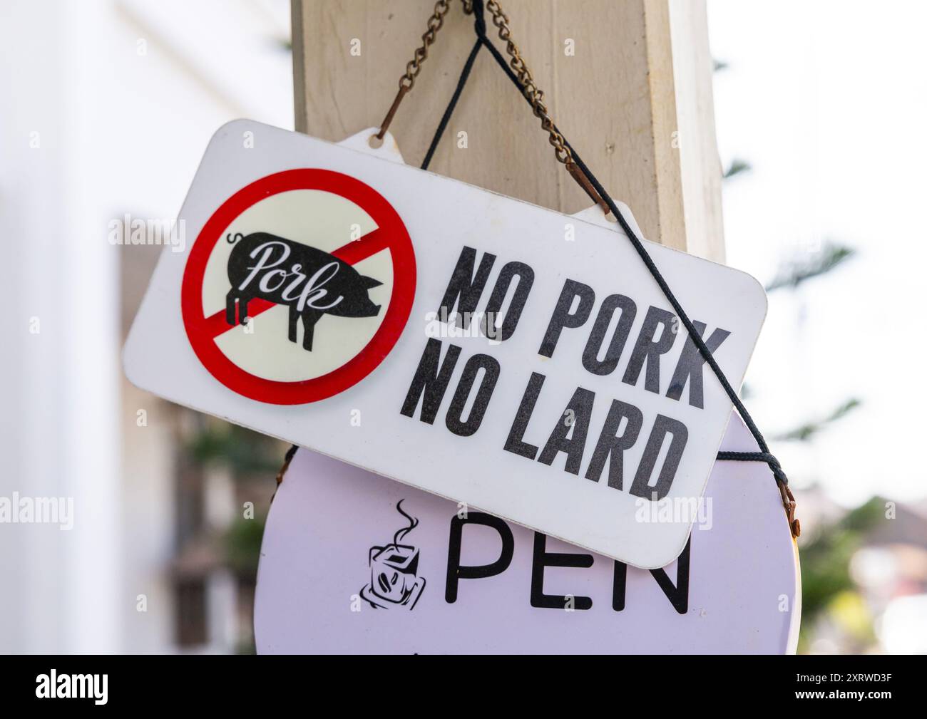 Kein Schweinefleisch-Restaurant-Schild, Melaka State, Malakka, Malaysia Stockfoto