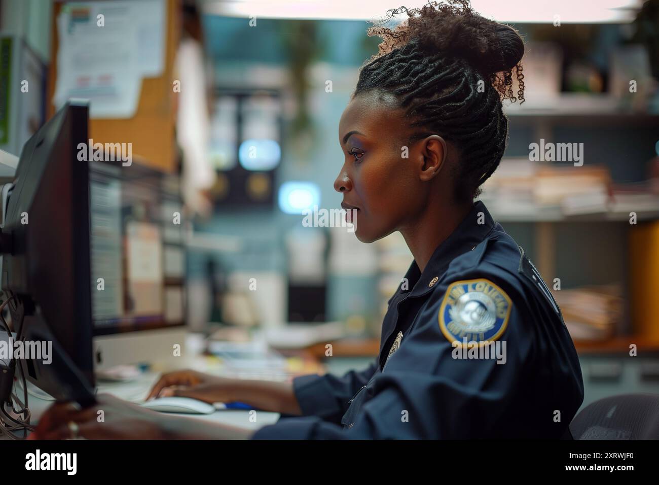 Der Sicherheitsbeamte arbeitet am Computer im Polizeiüberwachungszentrum mit CCTV-Kameras Überwachungsraum. Verschiedene Mitarbeiter arbeiten in Sicherheitskontrollzentren. Stockfoto