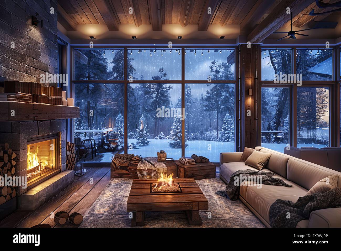 Innenraum der Kabine mit einem tosenden Kamin. Concept Blockhütte Retreat, Gemütliche Atmosphäre, Kamin Vibes, Familienurlaub. Stockfoto