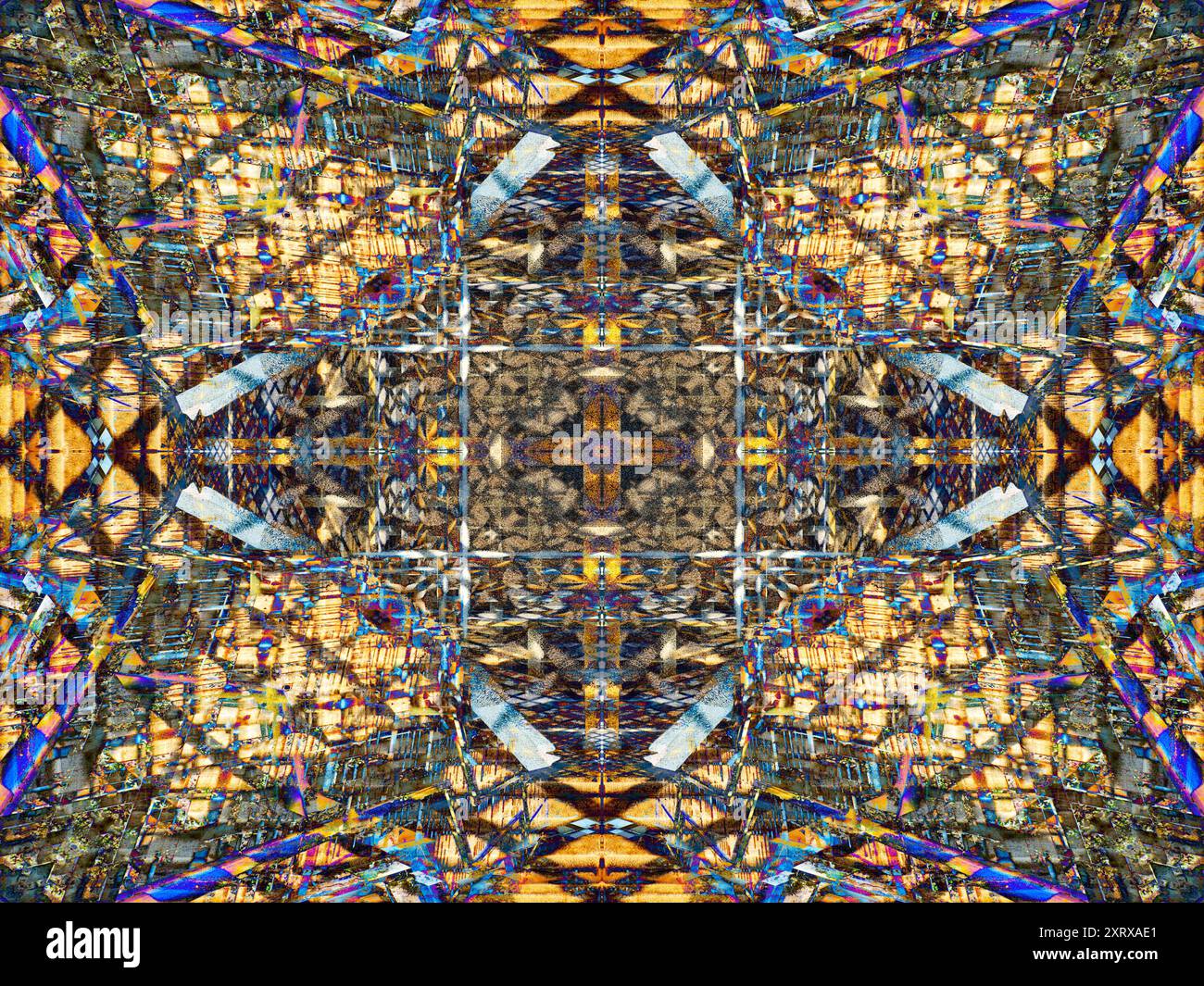 Radley ist ein kleines Dorf mit einer Hauptbahnstation, die es mit London, Oxford und den Midlands verbindet. Dies begann als Bild der Fußgängerbrücke über die Gleise, wobei der Wintersonnenaufgang warmes Licht und markante Schatten erzeugte. Aber dann wurde ich abenteuerlustig und verwandelte es in etwas farbenfrohes und abstrakteres, indem ich eine Kombination aus Photoshop-Techniken wie Bildfalten, Drehen, mehrschichtiges Überblenden, Transformationen und Verlaufskartierung nutzte. Ich hoffe, es gefällt dir! Stockfoto