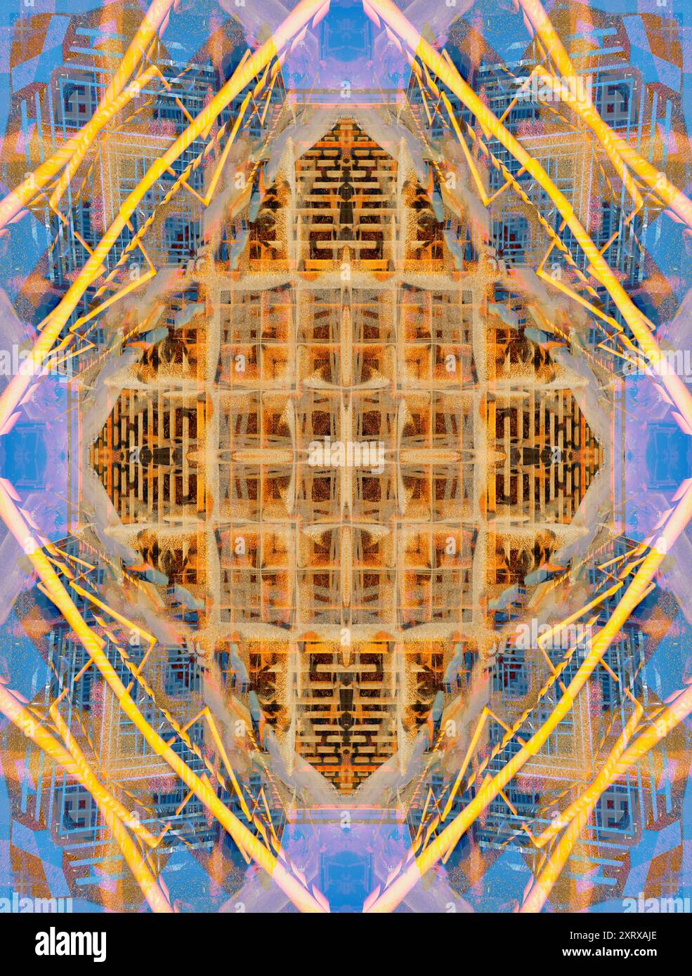 Radley ist ein kleines Dorf mit einer Hauptbahnstation, die es mit London, Oxford und den Midlands verbindet. Dies begann als Bild der Fußgängerbrücke über die Gleise, wobei der Wintersonnenaufgang warmes Licht und markante Schatten erzeugte. Aber dann wurde ich abenteuerlustig und verwandelte es in etwas farbenfrohes und abstrakteres, indem ich eine Kombination aus Photoshop-Techniken wie Bildfalten, Drehen, mehrschichtiges Überblenden, Transformationen und Verlaufskartierung nutzte. Ich hoffe, es gefällt dir! Stockfoto