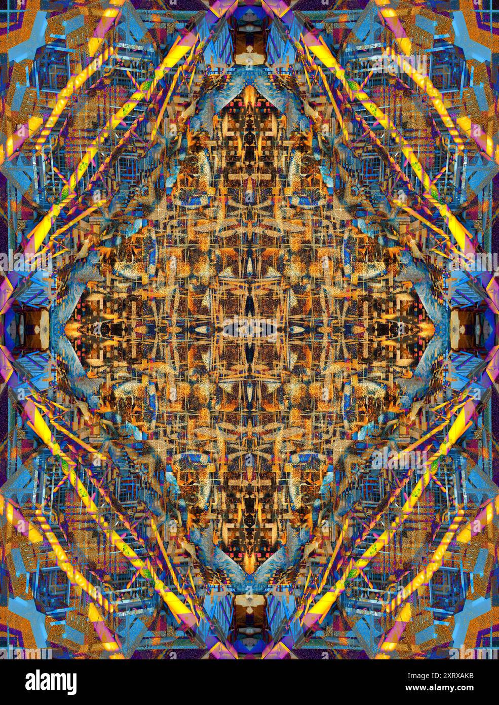 Radley ist ein kleines Dorf mit einer Hauptbahnstation, die es mit London, Oxford und den Midlands verbindet. Dies begann als Bild der Fußgängerbrücke über die Gleise, wobei der Wintersonnenaufgang warmes Licht und markante Schatten erzeugte. Aber dann wurde ich abenteuerlustig und verwandelte es in etwas farbenfrohes und abstrakteres, indem ich eine Kombination aus Photoshop-Techniken wie Bildfalten, Drehen, mehrschichtiges Überblenden, Transformationen und Verlaufskartierung nutzte. Ich hoffe, es gefällt dir! Stockfoto