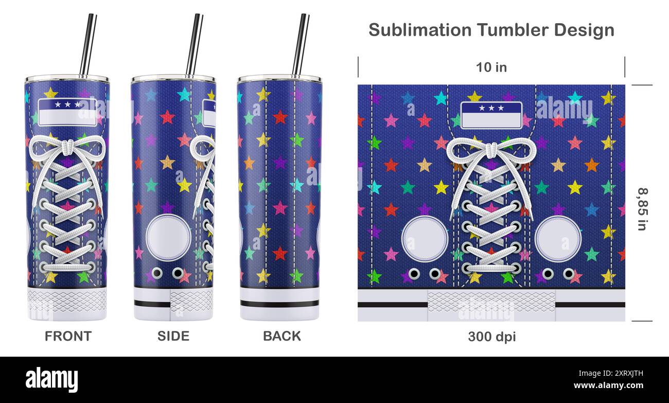 Trendiges Sneaker-Muster für Sublimation, 20 oz Skinny Tumbler. Nahtlos von Kante zu Kante. Volle Becherfolie. Stockfoto
