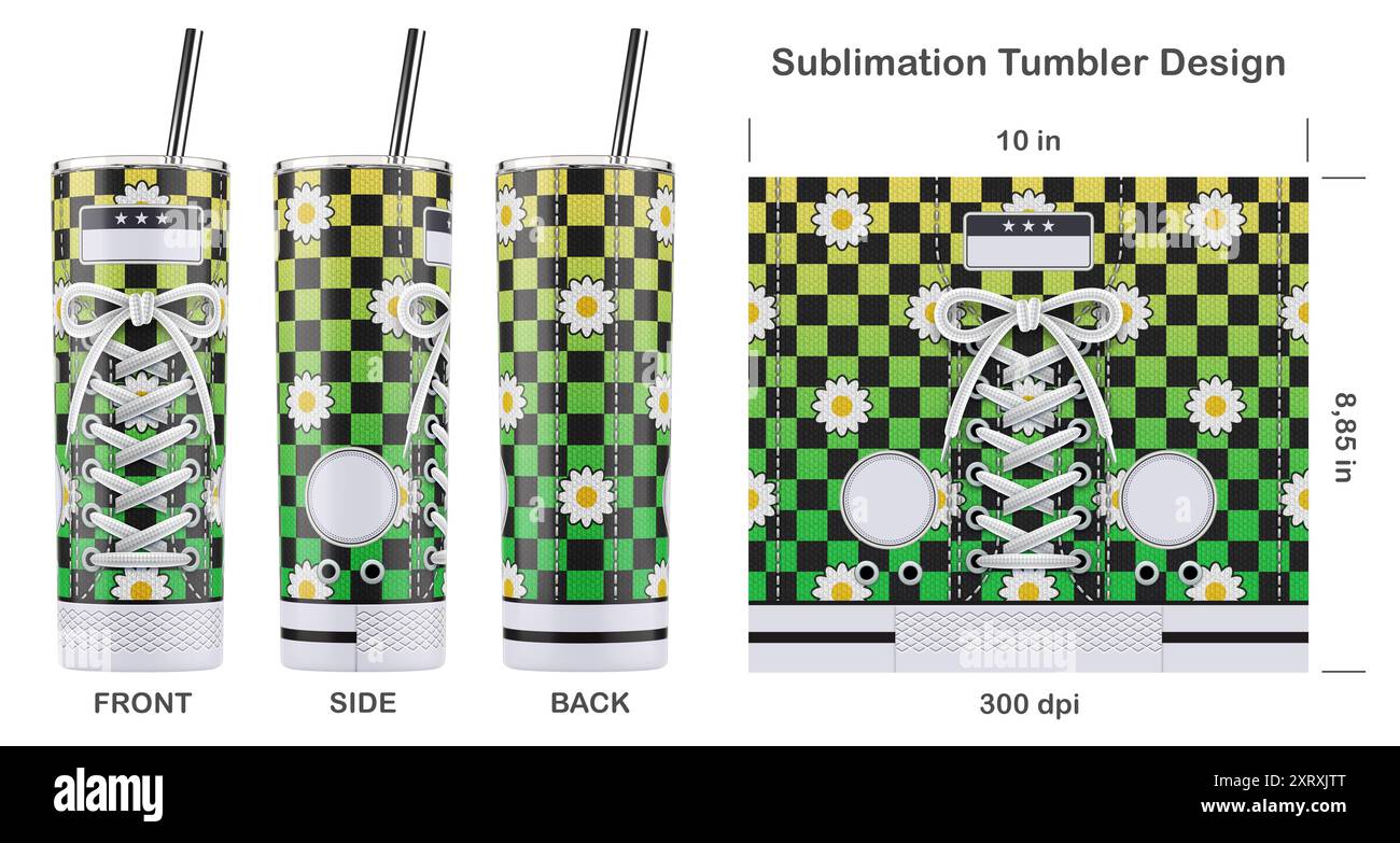 Trendiges Sneaker-Muster für Sublimation, 20 oz Skinny Tumbler. Nahtlos von Kante zu Kante. Volle Becherfolie. Stockfoto