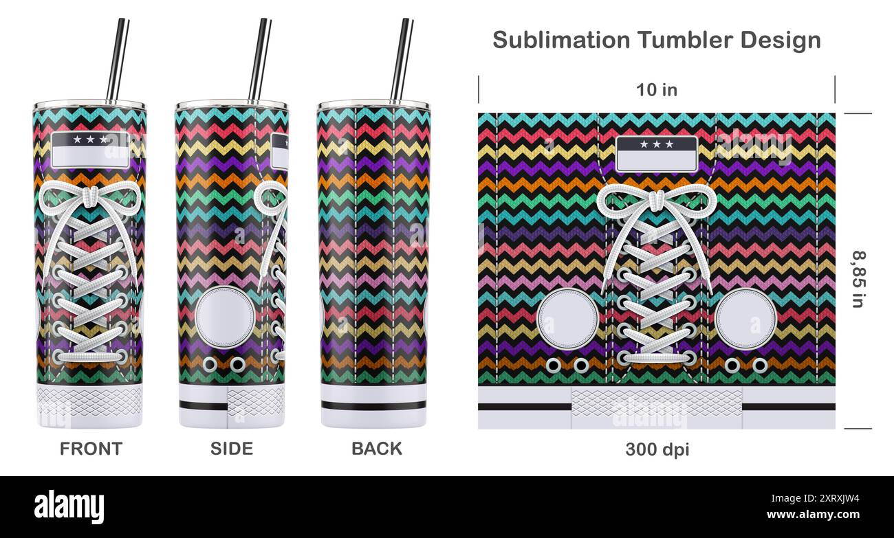 Trendiges Sneaker-Muster für Sublimation, 20 oz Skinny Tumbler. Nahtlos von Kante zu Kante. Volle Becherfolie. Stockfoto