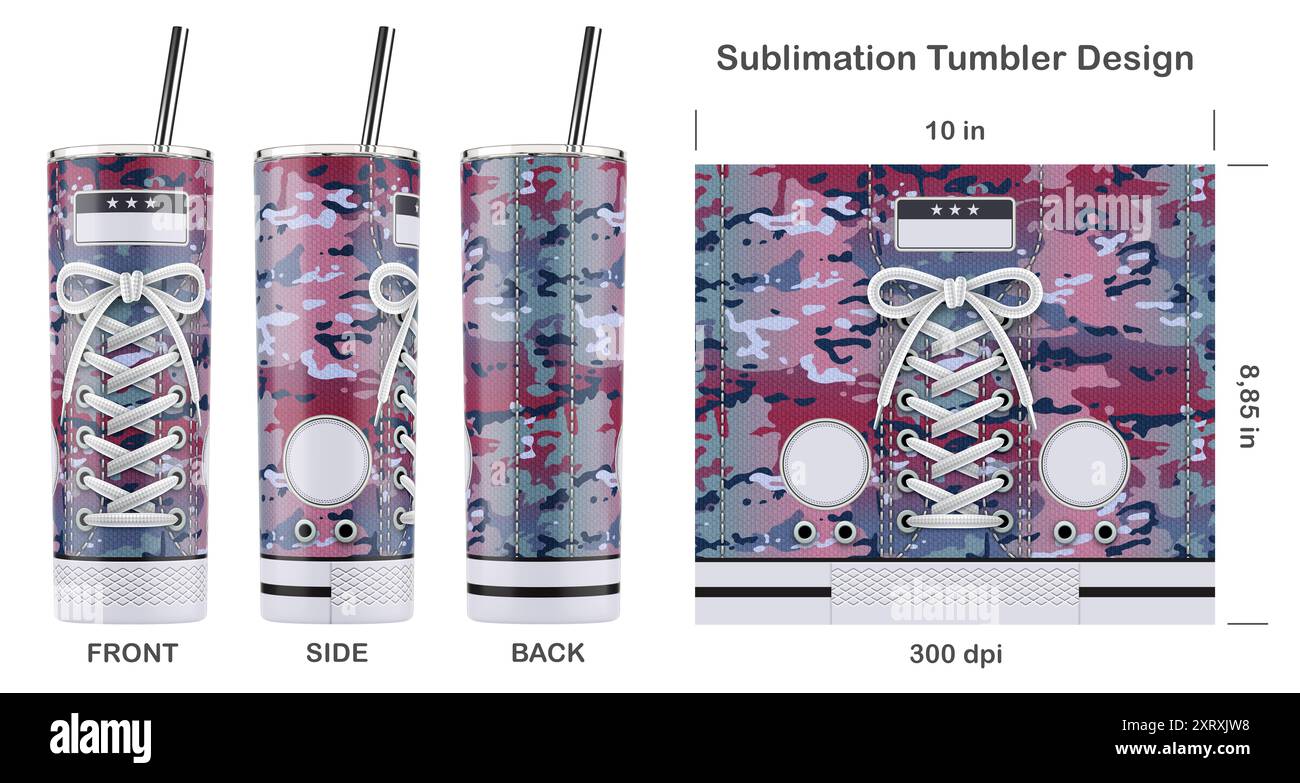 Trendiges Sneaker-Muster für Sublimation, 20 oz Skinny Tumbler. Nahtlos von Kante zu Kante. Volle Becherfolie. Stockfoto