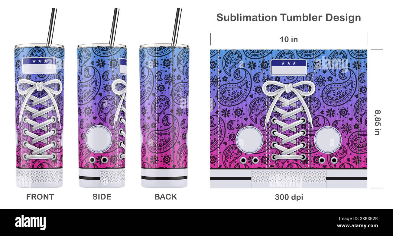 Trendiges Sneaker-Muster für Sublimation, 20 oz Skinny Tumbler. Nahtlos von Kante zu Kante. Volle Becherfolie. Stockfoto