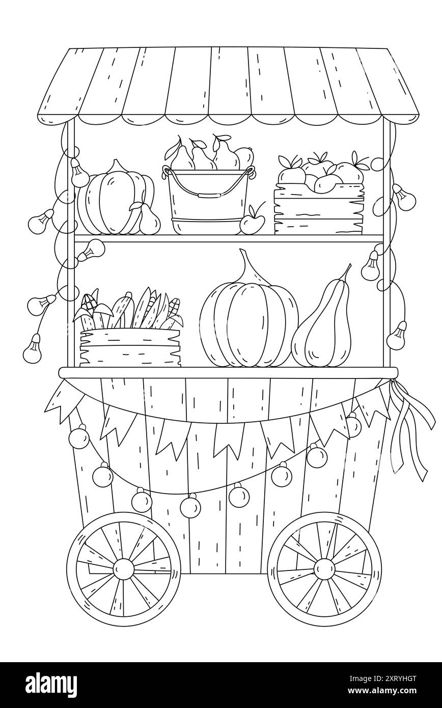 Ausmalseite Für Erwachsene Und Kinder Enthält Einen Wagen Für Den Verkauf Von Herbstgemüse - Kürbis, Mais, Birnen Und Äpfel Stock Vektor