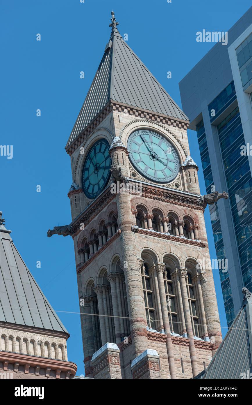 Torontos Uhr und Glockenturm (NW Ecke/Seite) mit nahe gelegenen Gebäuden am blauen Himmel im Sommer Stockfoto