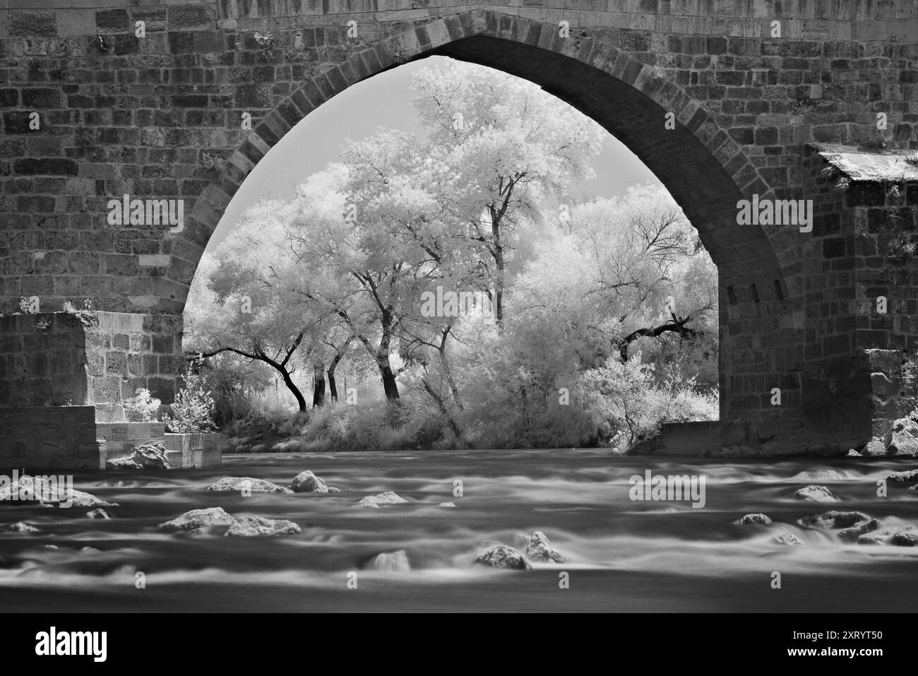 Römische Brücke am Koprucay River bei Aspendos in Antalya, Türkei. Stockfoto