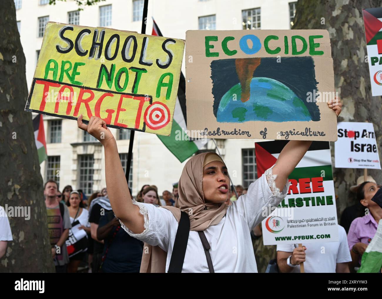 LONDON, ENGLAND: 12. August 2024: Hunderte von Demonstranten protestieren gegen das Ende des Massakers in Gaza und den Völkermord an den Palästinensern Proteste gegen den israelischen Luftangriff auf die Waffenlieferungen einer palästinensischen Schule durch die USA haben mehr als 100 Menschen getötet. Quelle: Siehe Li/Picture Capital/Alamy Live News Stockfoto