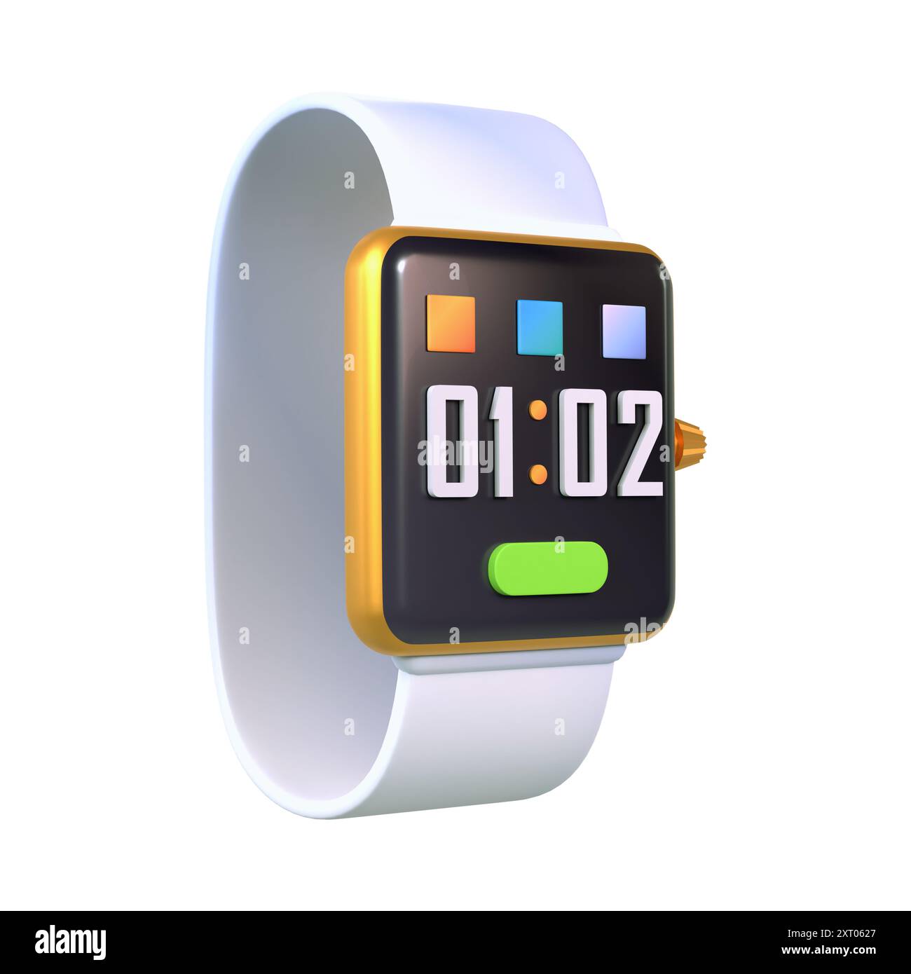 Ein weißes 3D-Smartwatch-Modell bietet ein schlankes, realistisches Rendering, das das moderne Design und die detailreiche Anzeige unterstreicht. Stockfoto