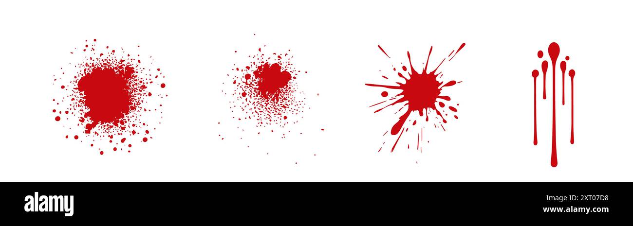 Blutroter Fleck im Spritzwasser-Design. Blutfleck Tropfen rote Spritzer Farbe Vektor-Blob Symbol. Stock Vektor